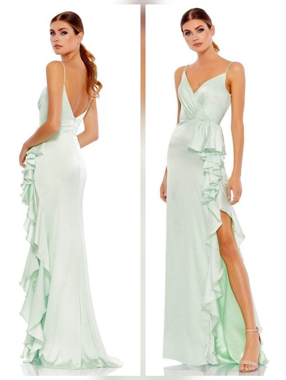 NWT- Mac DuggalLight Green Satin Ruffled Asymmetrical Gown Sz 10